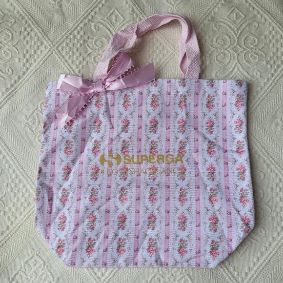 LOVESHACKFANCY X SUPERGA FLORAL BOW TOTE BAG PINK WHITE GOLD - Picture 3 of 14